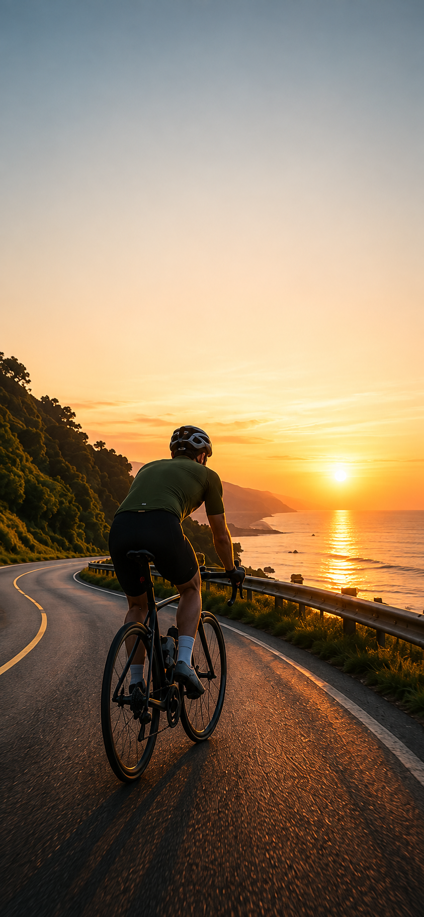 Ciclista recorriendo una carretera junto al mar al atardecer